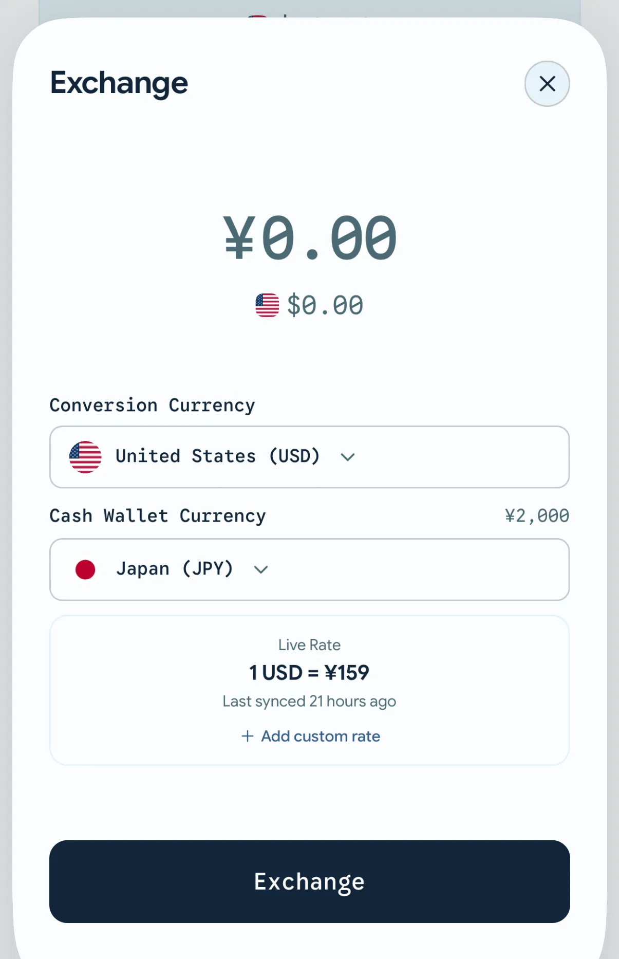Wallet exchange sheet converting cash from yen to US dollars
