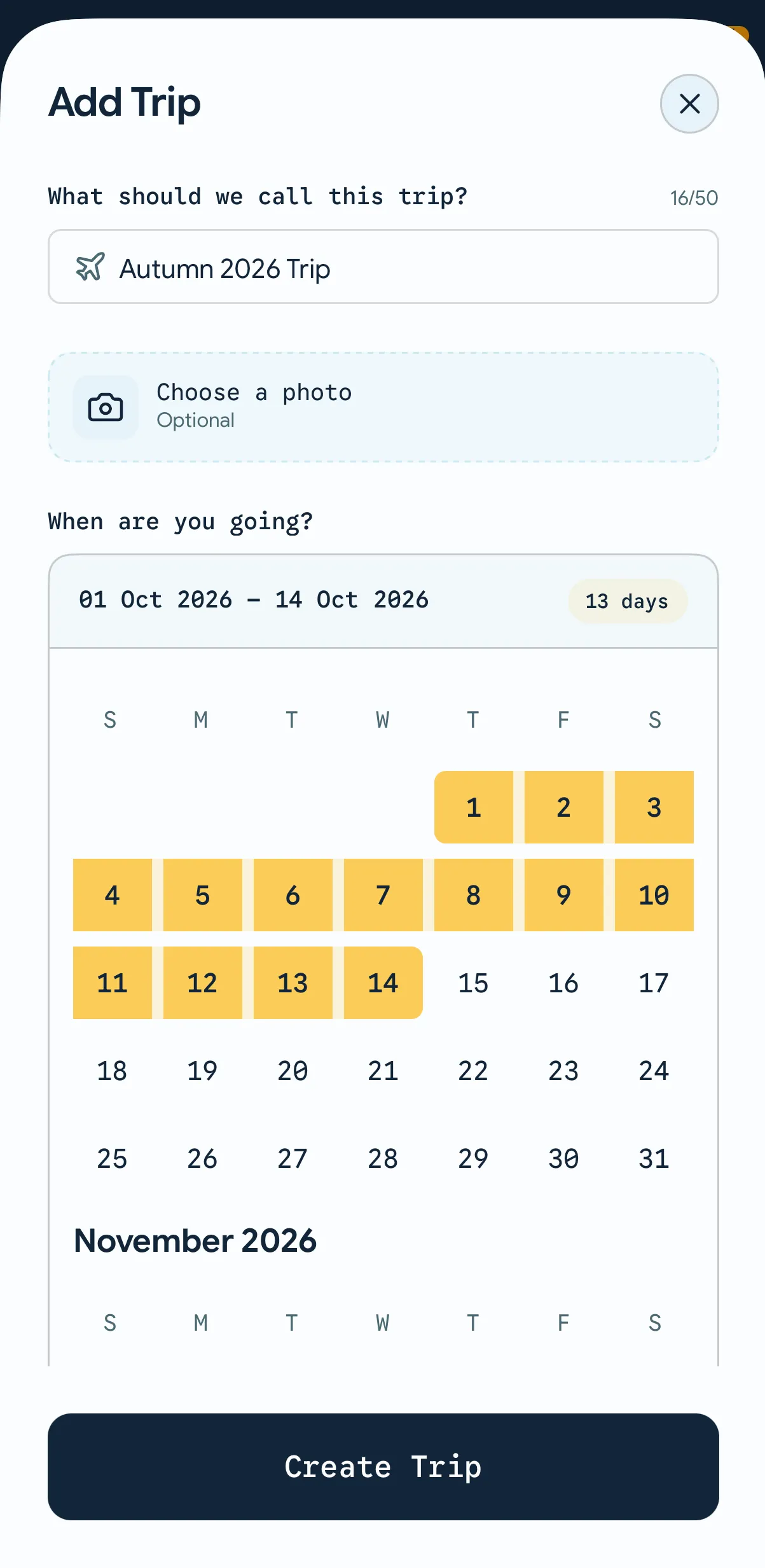 Add trip screen with a trip name, dates, and calendar